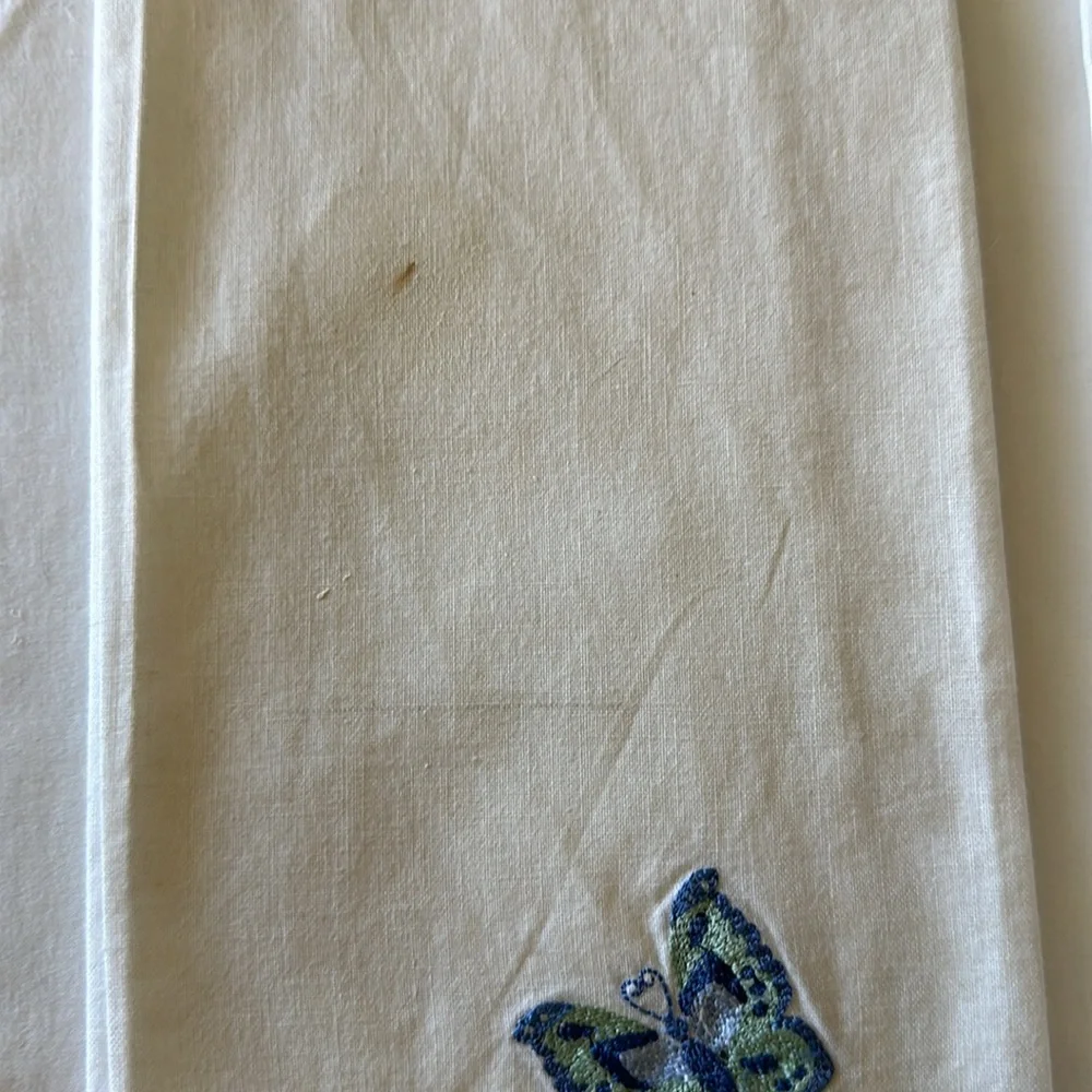 Two White w/ Blue & Green Dragonfly & Butterfly Embroidered Cotton Hand Towels.